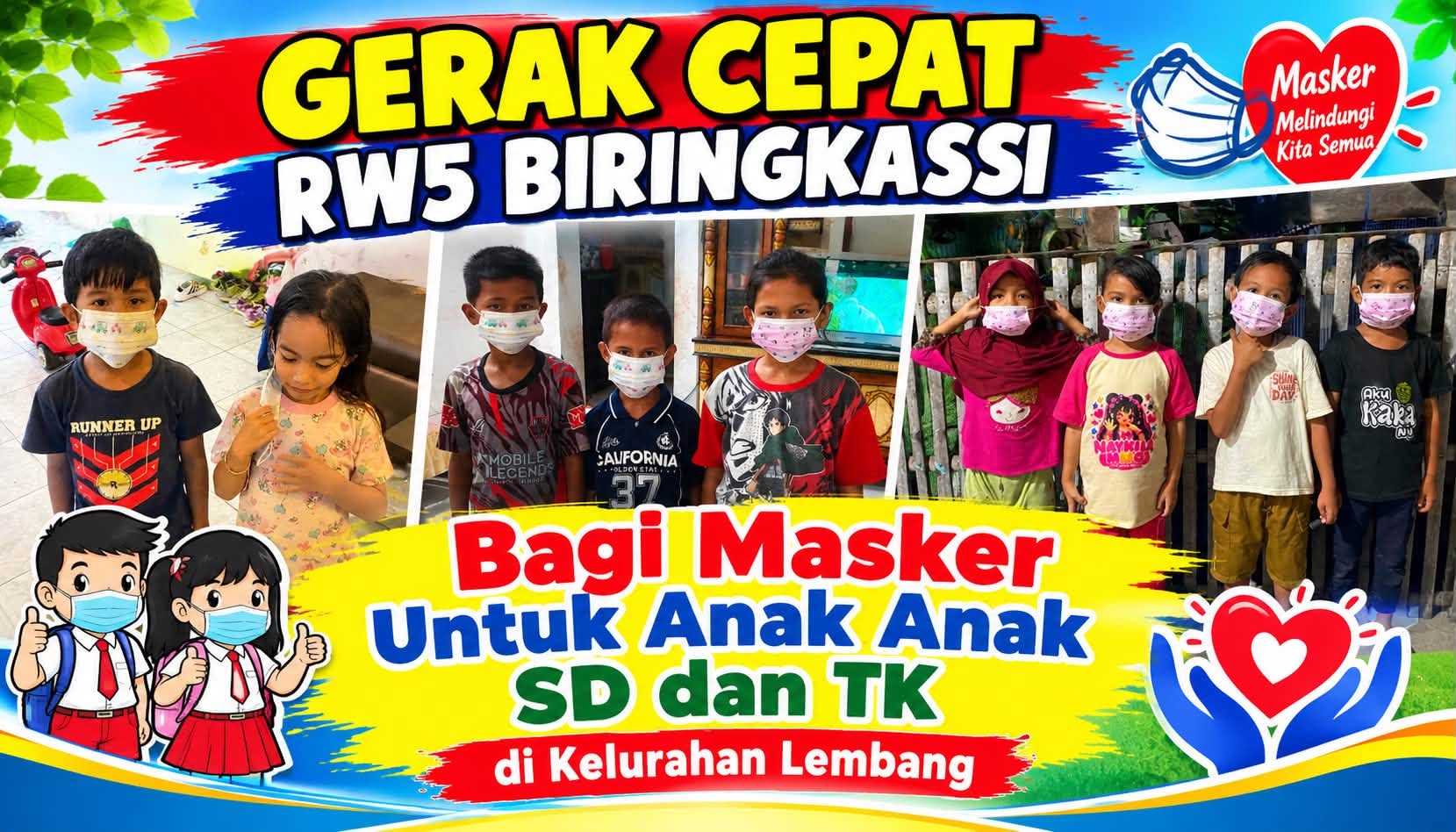 TINDAK LANJUTI IMBAUAN CAMAT BANTAENG, KETUA RW 05 BIRING KASSI BAGIKAN MASKER GRATIS KEPADA ANAK-ANAK